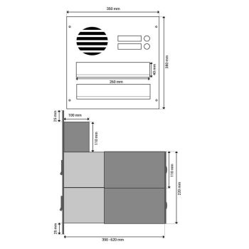 B-04 Cassetta postale 2 posti passante a muro in acciaio inox con 2 campanelli e citofono (profondità: 39-62 cm)