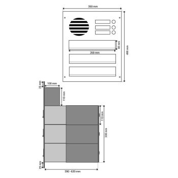 B-04 Cassetta postale 3 posti passante a muro in acciaio inox con 3 campanelli e citofono (profondità: 39-62 cm)
